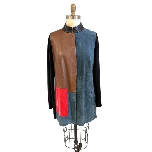 VTG PER SE Colorblock Leather & Suede Long Cardigan Sweater Sz. 16 - Picture 1 of 7